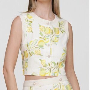 NEW Avec Les Filles sleeveless Crop Vest Top Lemon Print Linen Blend XS